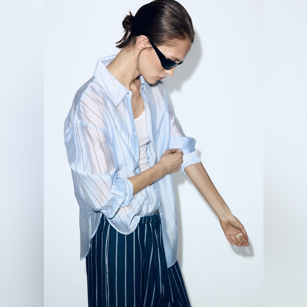 NWT MANGO Striped Lyocell Shirt in Sky Blue